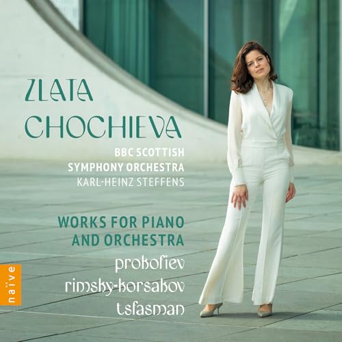 CD cover featuring pianist Zlata Chochieva in a white suit.