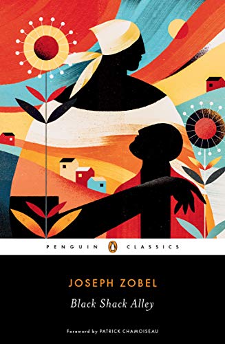 Book cover for "Black Shack Alley" with silhouetted figures and colorful abstract shapes.