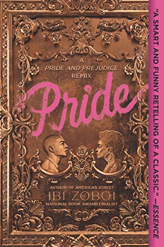 Book cover with ornate gold frame, portraits, and pink title: "Pride.
