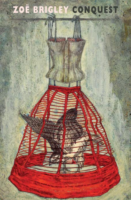 Book cover: red dress form with a bird trapped inside a cage.