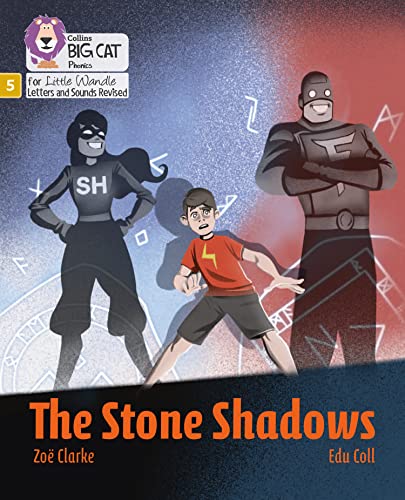 A boy stands between two superhero shadows on a book cover titled The Stone Shadows.