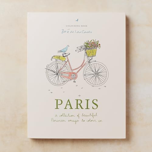 Paris colouring book cover with a bicycle and flowers illustration.