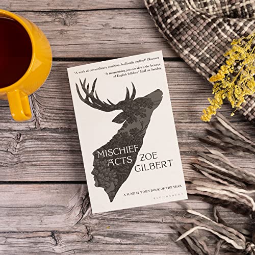Mischief Acts book cover featuring a deer silhouette on a wooden table with coffee.