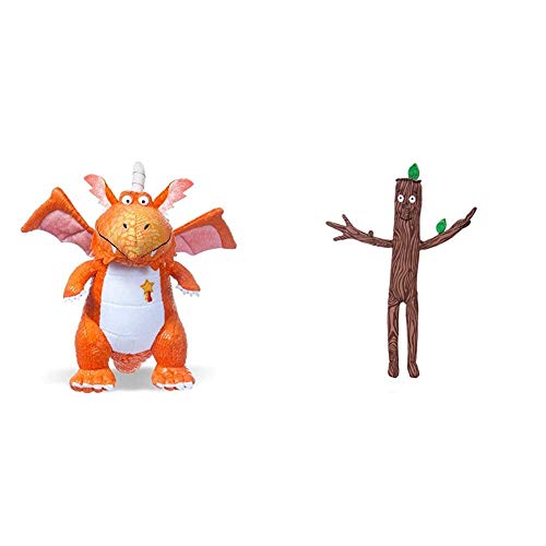 Orange Zog dragon plush toy next to a Stick Man character plush toy.