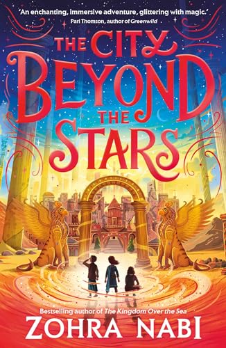 Book cover featuring three children standing before a golden city gate with winged statues.