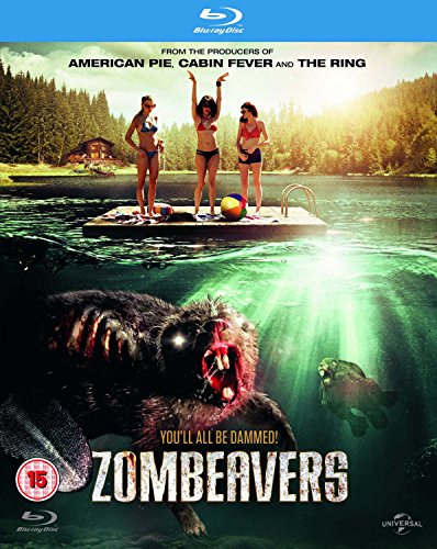 Three women on a dock above water with a monstrous zombie beaver lurking below.
