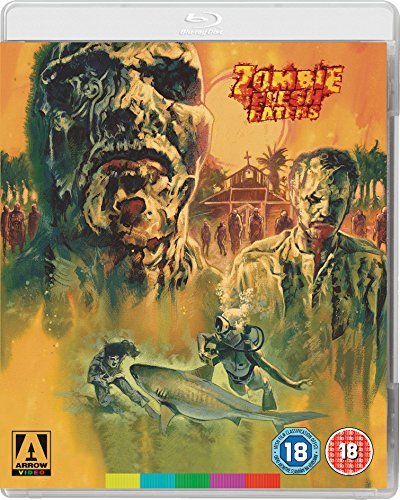Blu-ray cover for "Zombie Flesh Eaters" featuring zombies and a diver.
