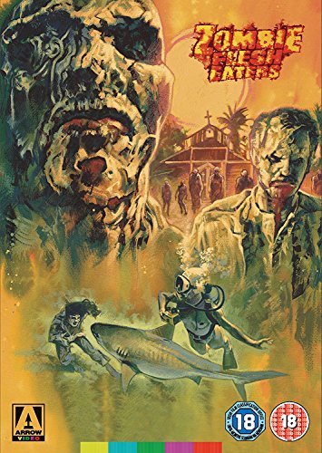 “Zombie Flesh Eaters” DVD cover with zombies, a shark, and a diver.