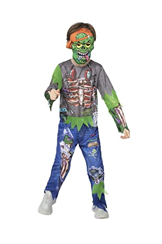Child wearing a green and blue zombie gamer Halloween costume.
