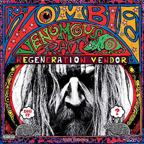 Album cover with a close-up of Rob Zombie and illustrated rats.
