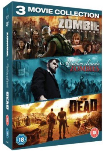 DVD cover for a three-movie zombie collection, featuring action scenes.
