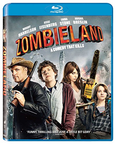 Zombieland Blu-ray cover featuring Woody Harrelson, Jesse Eisenberg, Emma Stone, and Abigail Breslin.