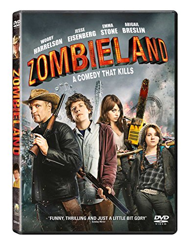DVD cover for Zombieland featuring four main actors holding weapons against a ruined background.