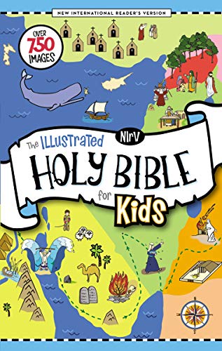 Colorful illustrated children’s Bible cover with biblical scenes and text.