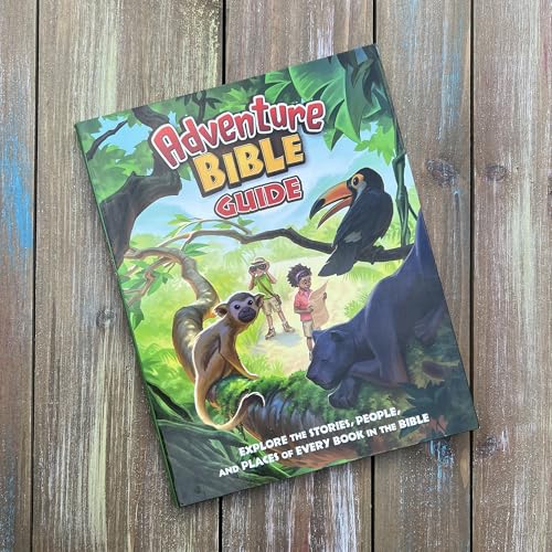 Book cover with jungle scene, children, and animals; titled “Adventure Bible Guide”.