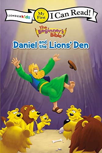 Book cover depicting Daniel falling into a lions’ den with lions below.