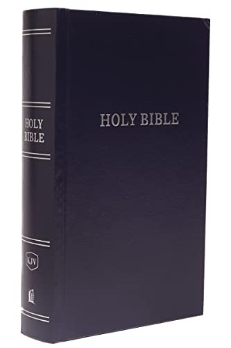 Dark blue hardcover Bible with gold lettering, closed.