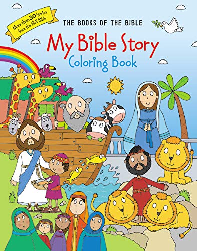 Children’s coloring book cover depicting colorful Bible stories and characters.