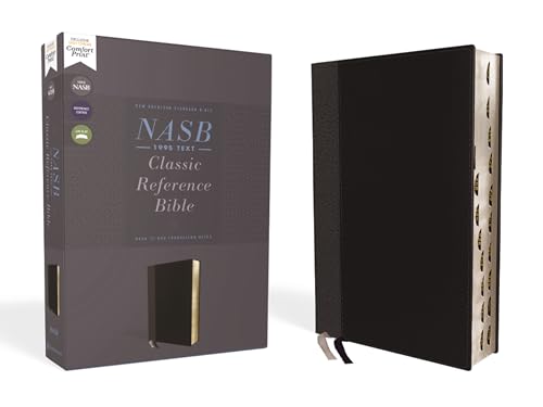 Black leathersoft Bible with red lettering and thumb indexing shown open and closed.