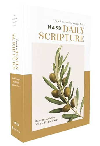 Paperback NASB Daily Scripture book with an olive branch illustration on the white cover.