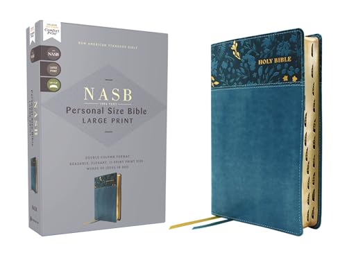 A teal Leathersoft NASB Bible next to its gray product box.
