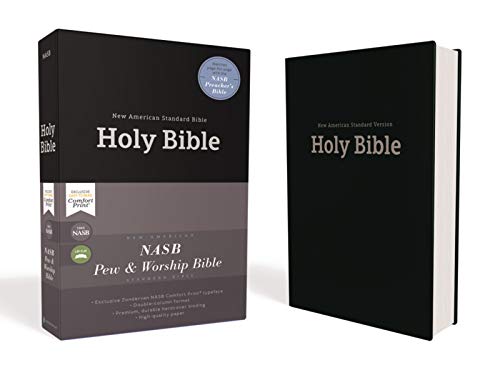 Black hardcover Bible with “Holy Bible” and “NASB Pew & Worship Bible” text.