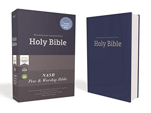 Blue hardcover Bible with "Holy Bible" and "NASB Pew & Worship" text.