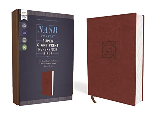 Brown leather-look Bible with red lettering and large print, shown with box.