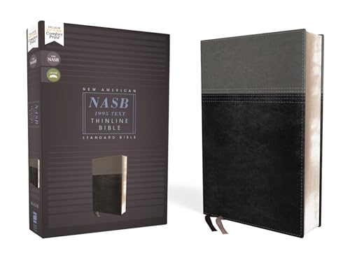 Black leathersoft NASB Thinline Bible, closed and open, with red ribbon markers.