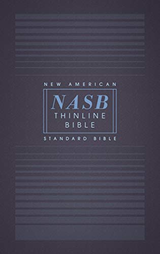 Dark blue NASB Thinline Bible with white and blue text on cover.
