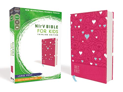 Pink Bible for kids with heart pattern, shown with its packaging.