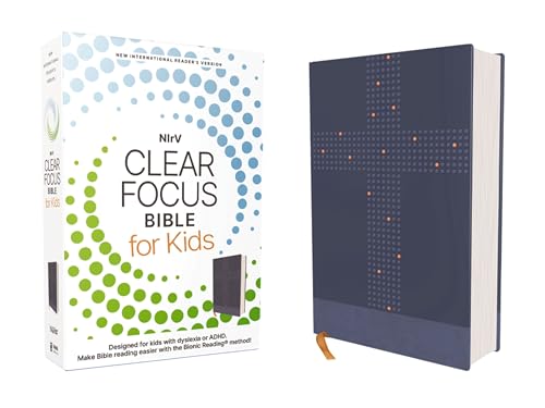 Blue and white children’s Bible with text designed for focused reading.