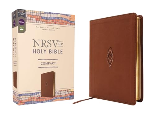 Brown leathersoft NRSVue Holy Bible with gold-edged pages and decorative cover.