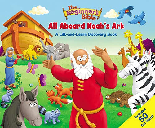 Noah and animals boarding the ark, illustrated children’s book cover.