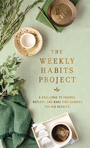 Book cover with title text, green background, greenery, a tea cup, and stationery items.