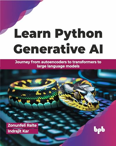 Book cover with a coiled snake over a keyboard, titled “Learn Python Generative AI”.