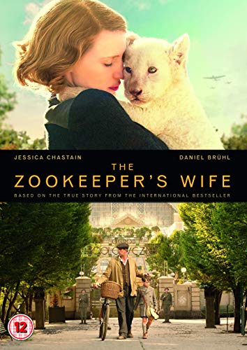 Woman with a young lion, movie poster for "The Zookeeper's Wife".