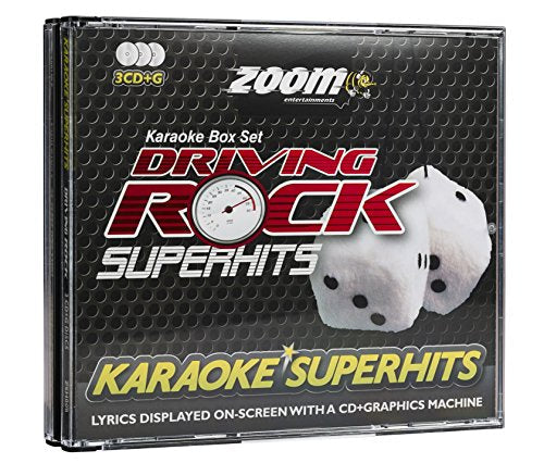 CD case for "Driving Rock Superhits" karaoke with rock imagery.