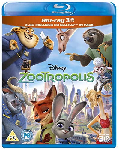 Blu-ray cover for Disney's Zootropolis featuring various animated animal characters against a city background.