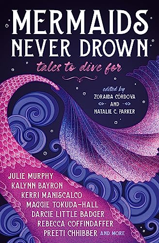 Book cover: "Mermaids Never Drown" with swirling purple and pink tail.