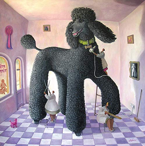 CD cover: giant black poodle being groomed by tiny people.