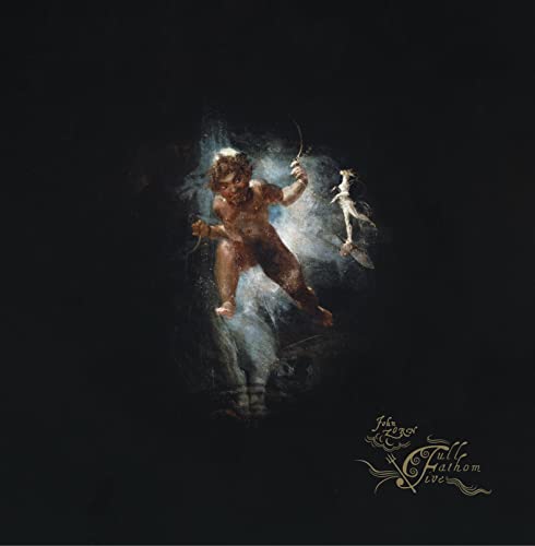 Dark painting of a cherubic figure holding a fish and trident.