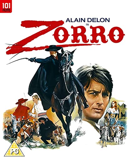 Zorro Blu-ray cover featuring Alain Delon on horseback, action scenes.
