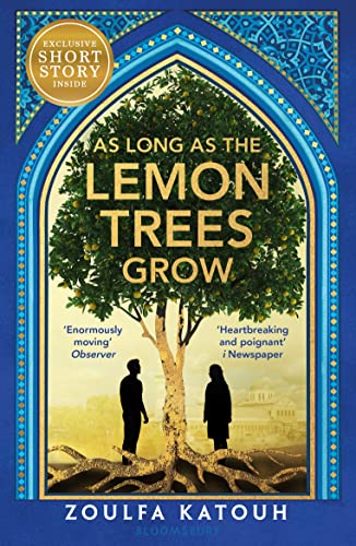 Book cover with a lemon tree, two figures, and ornate blue border.
