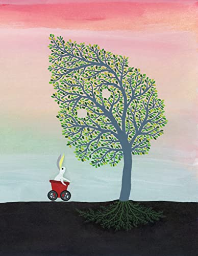 White bunny pulls a red wagon beneath a leafy, blue tree.