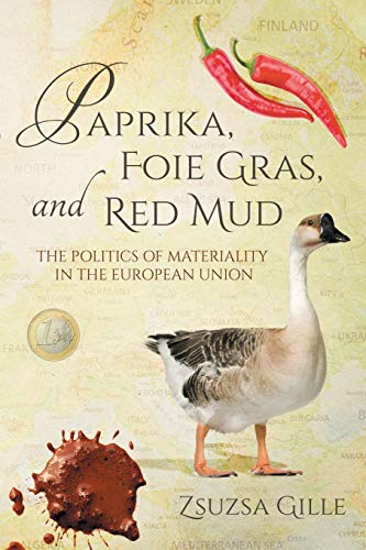 Book cover with red peppers, a goose, and a map background.
