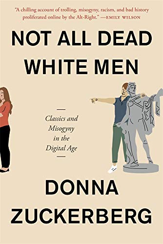 Book cover with text, a woman, and a man posing with a classical statue.