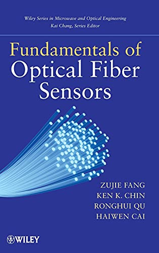 Blue book cover with white text: "Fundamentals of Optical Fiber Sensors" and fiber optic image.