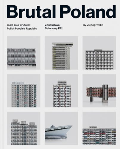 Book cover titled Brutal Poland featuring a grid of nine paper model brutalist buildings.