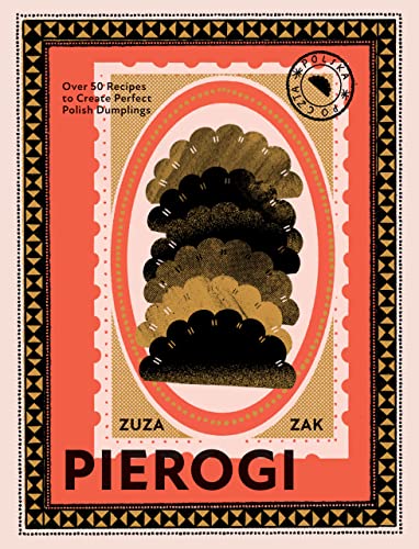 Book cover for "Pierogi" with stacked dumpling illustration and Polish stamp.